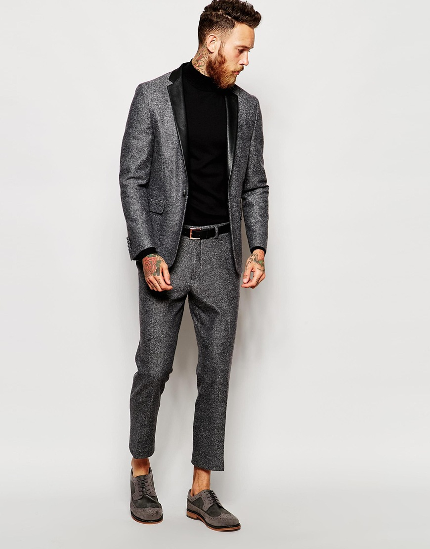 Lyst - Asos Skinny Cropped Suit Trousers With Faux Leather Trim in Gray ...