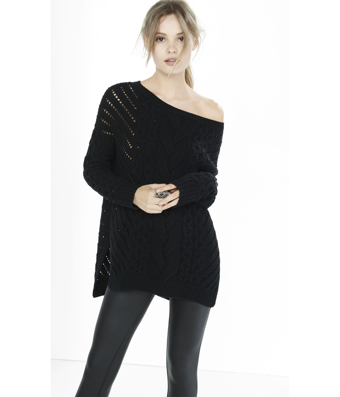 Express Oversized Open Cable Knit Tunic Sweater in Black | Lyst