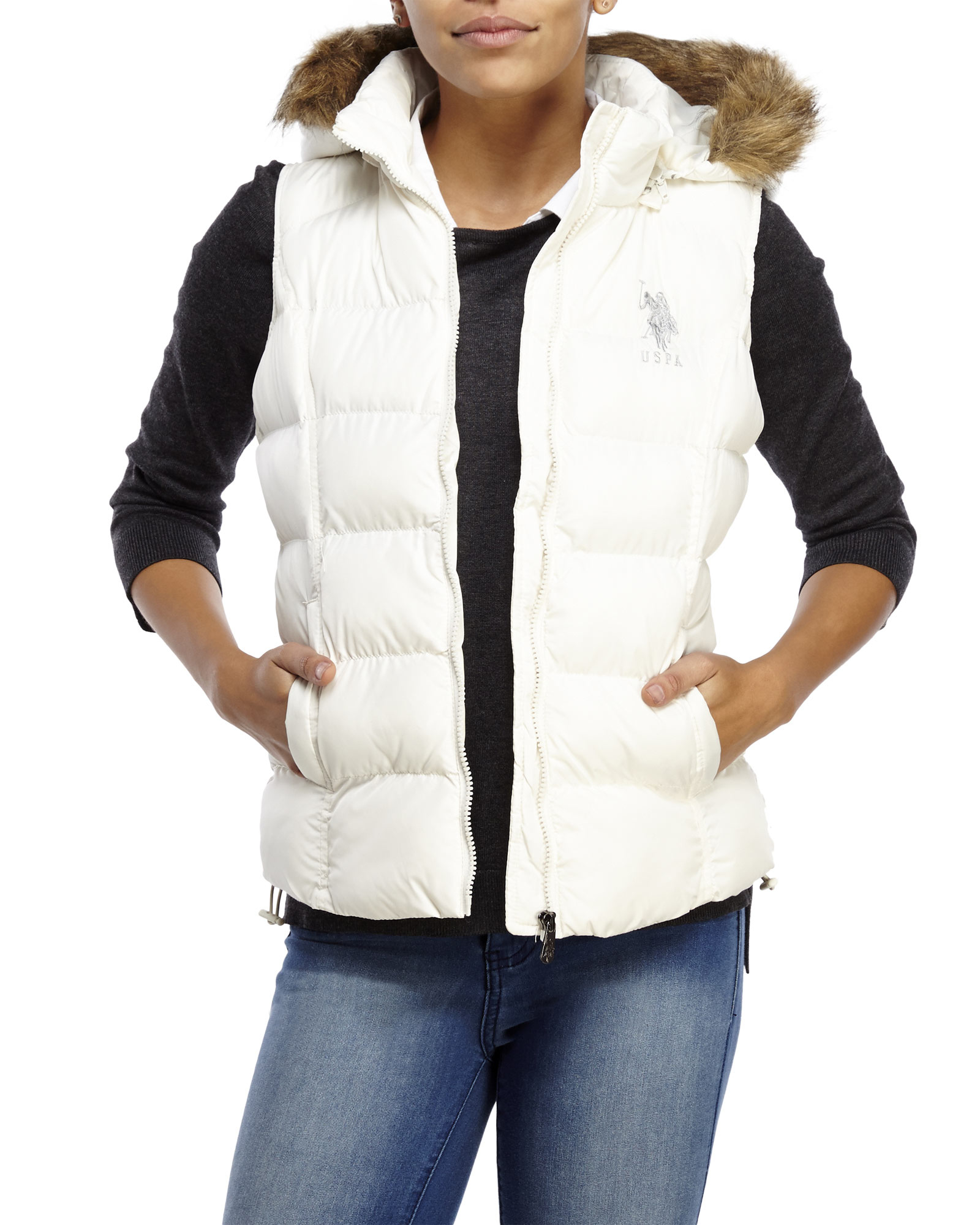 white puffer vest with fur hood