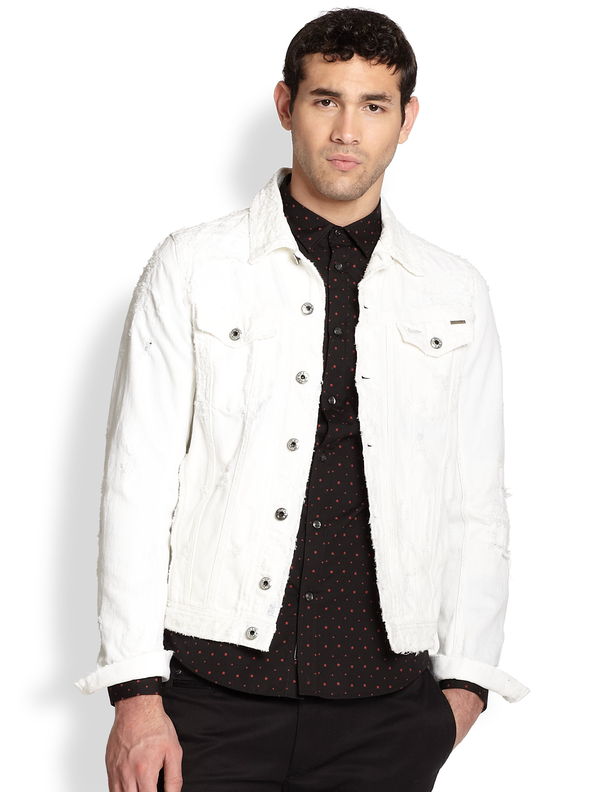 DIESEL Elshar Distressed Denim Jacket in White for Men | Lyst