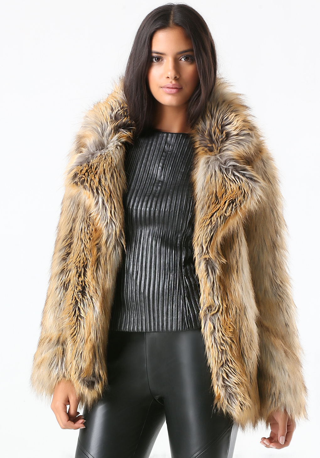 Bebe Glam Faux Fur Coat in Natural | Lyst