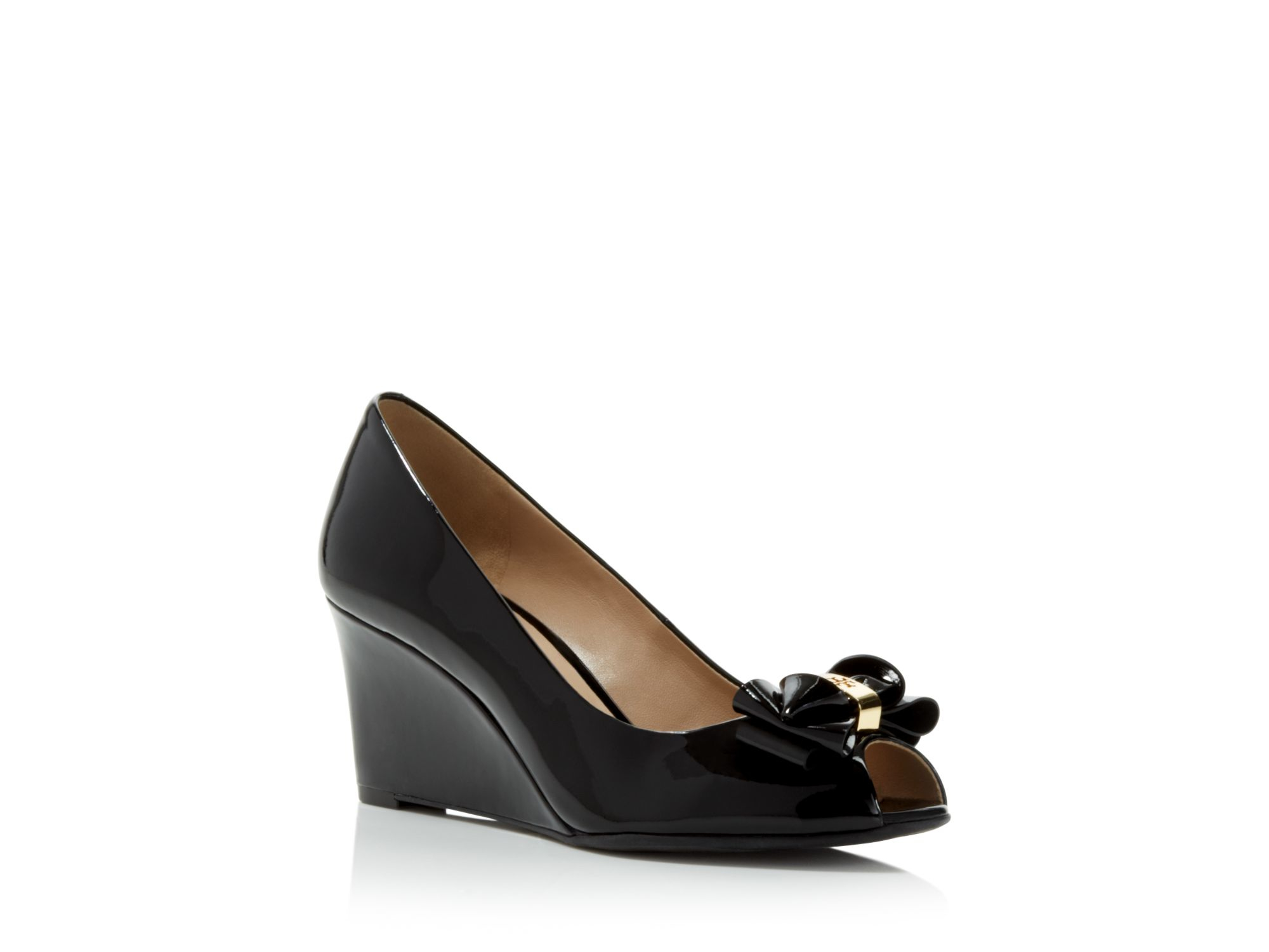 Tory Burch Stacked Bow Peep Toe Wedge Pumps in Black | Lyst