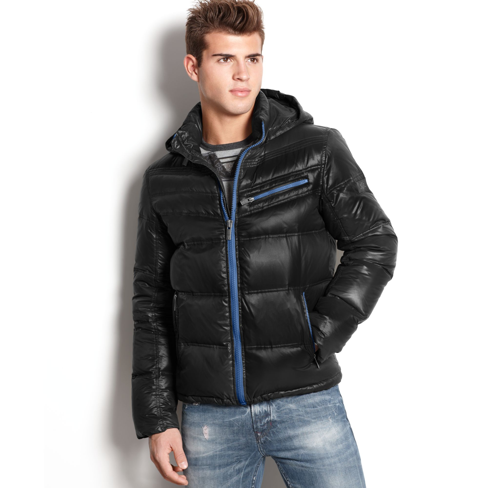 Guess Jacket Chrome Hooded Quilted Puffer in Black for Men - Lyst