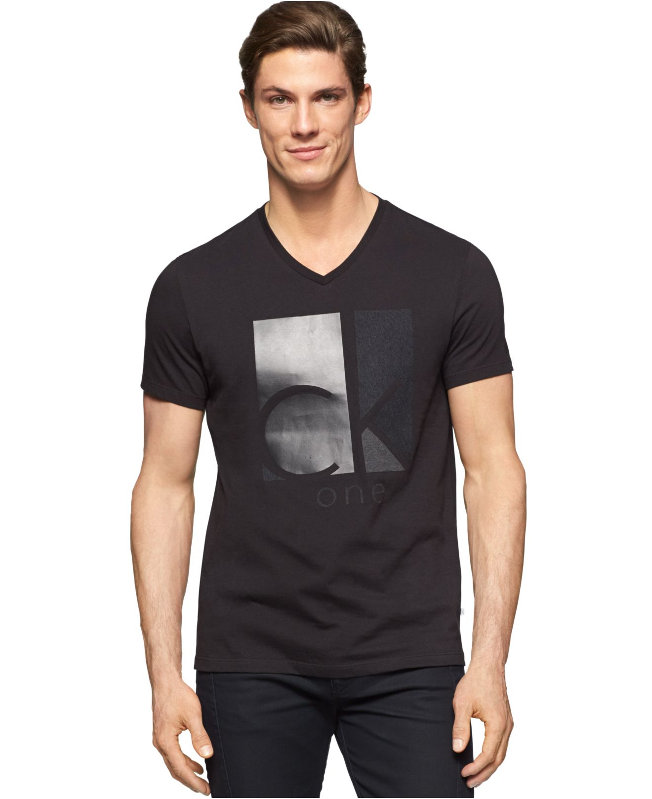 Calvin Klein Ck One Mixed Media Graphic V-neck T-shirt in Black for Men ...