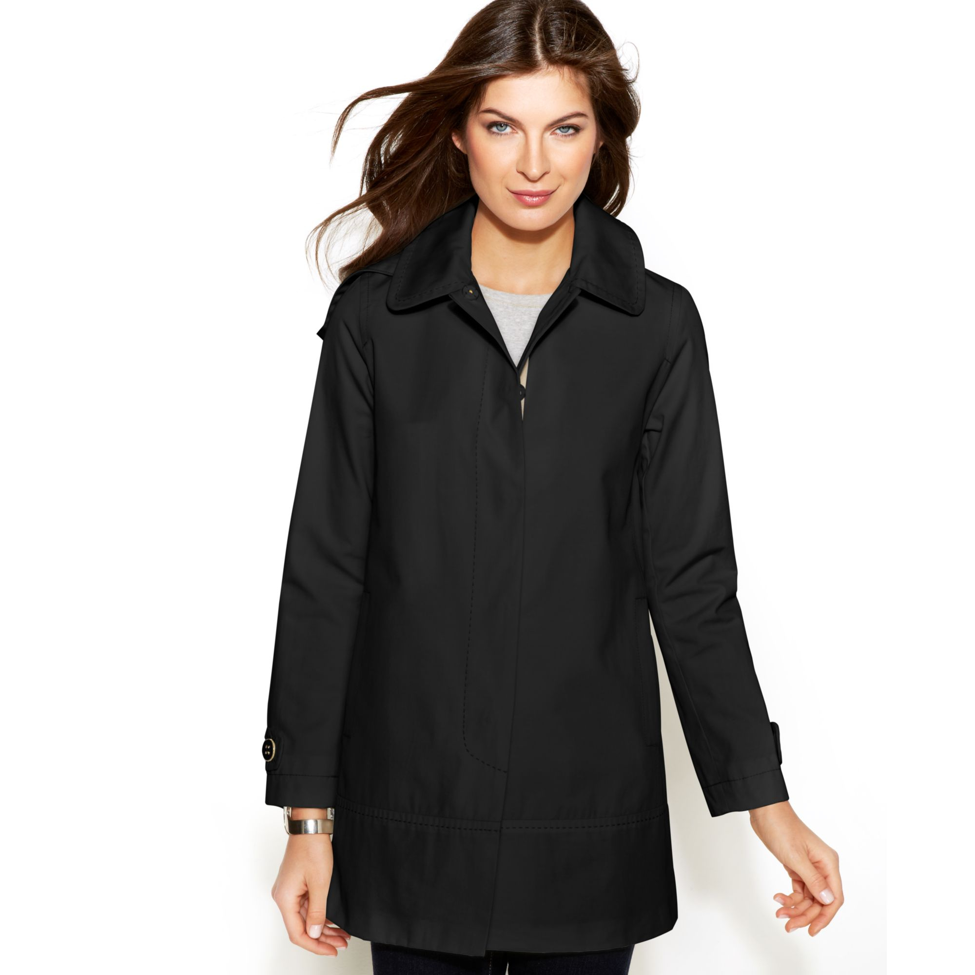 Jones New York Hooded Water Resistant Raincoat in Black | Lyst
