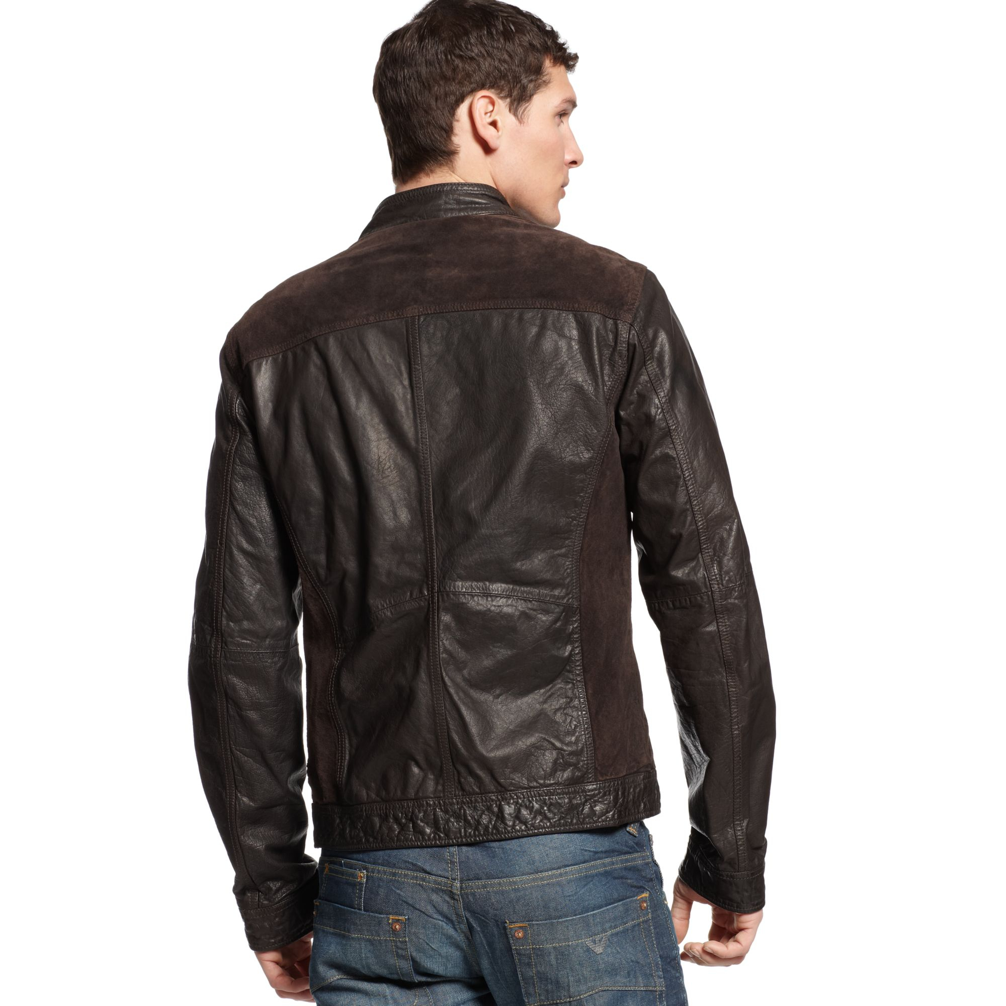 Lyst Armani Jeans Suedetrimmed Doublezip Leather Jacket In Brown Gallery
