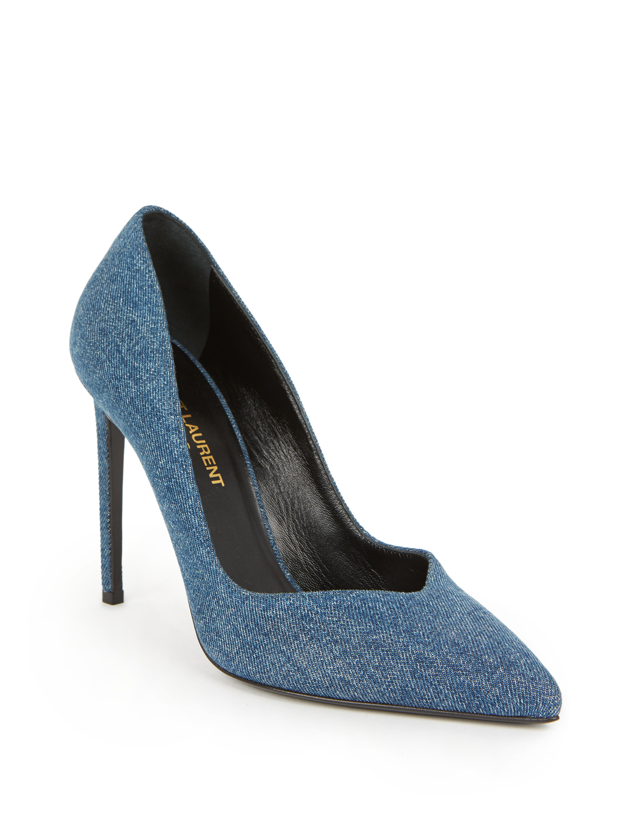 light blue denim pumps