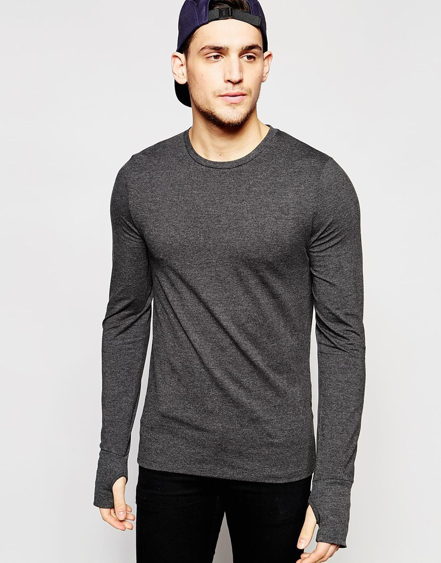 Lyst - Asos Muscle Long Sleeve T-shirt With Thumbholes In Grey in Gray ...