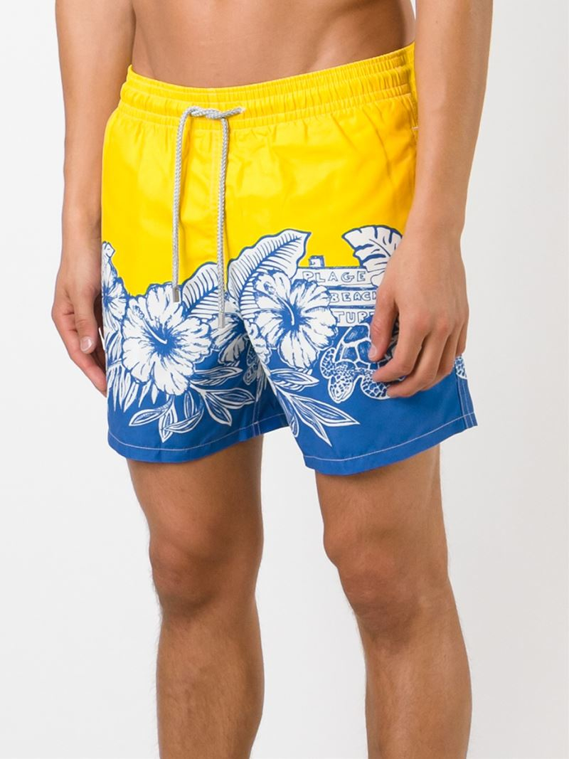 Vilebrequin Hawaiian Flower Print Swim Shorts in Yellow & Orange 