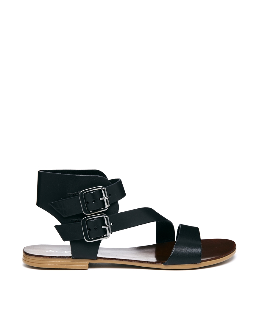 ALDO Black Leather Asymmetric Flat Sandals - Lyst