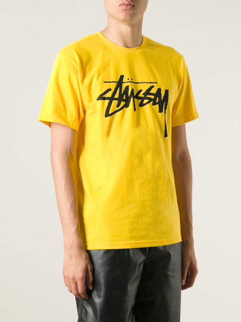 Stussy Logo Print T-Shirt in Yellow 
