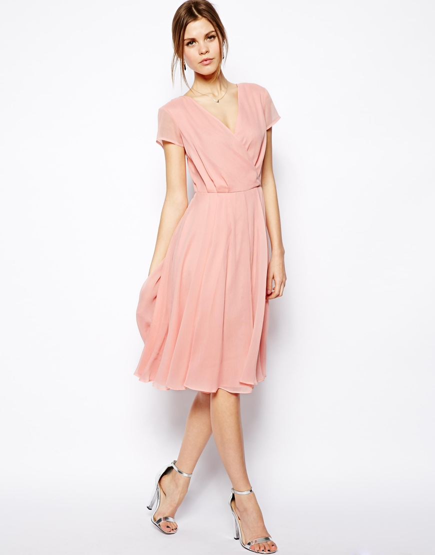 ASOS Wrap Dress In Midi Length in Pink 