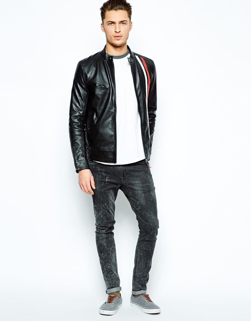 Lyst - Asos Leather Biker Jacket With Racing Stripe in Black for Men