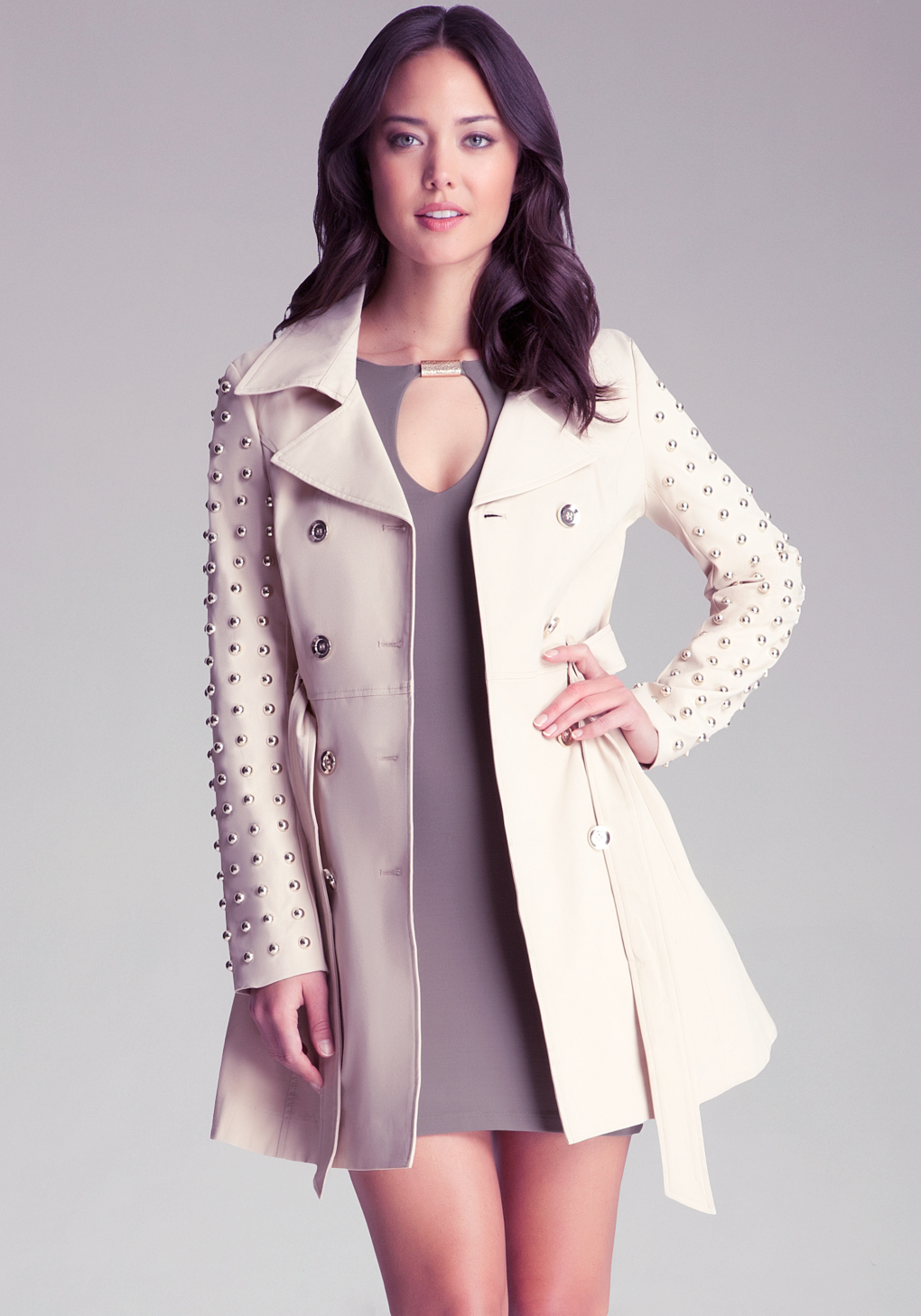 Bebe Studded Sleeve Flared Trench In Natural Lyst Bebe Studded Sleeve Flared Trench In Natural Lyst