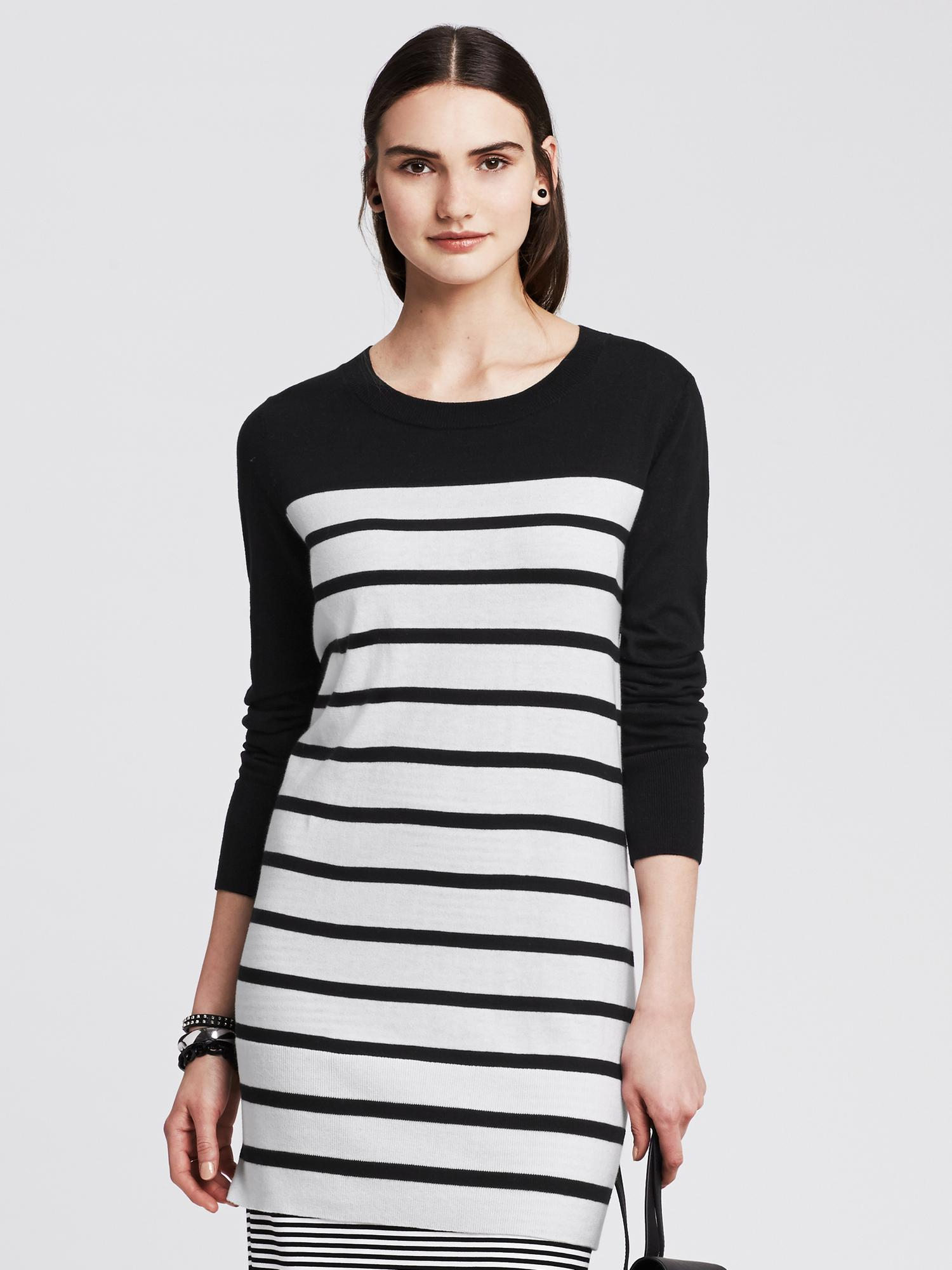 Banana Republic Striped Cotton/Cashmere Sweater Tunic in Black (Black