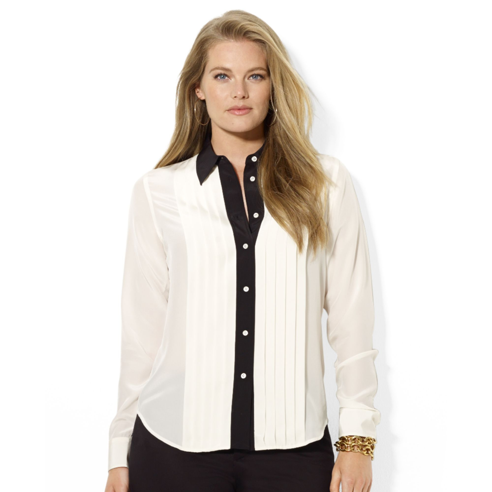 Lauren by Lauren Size Colorblocked Silk Tuxedo Shirt White | Lyst