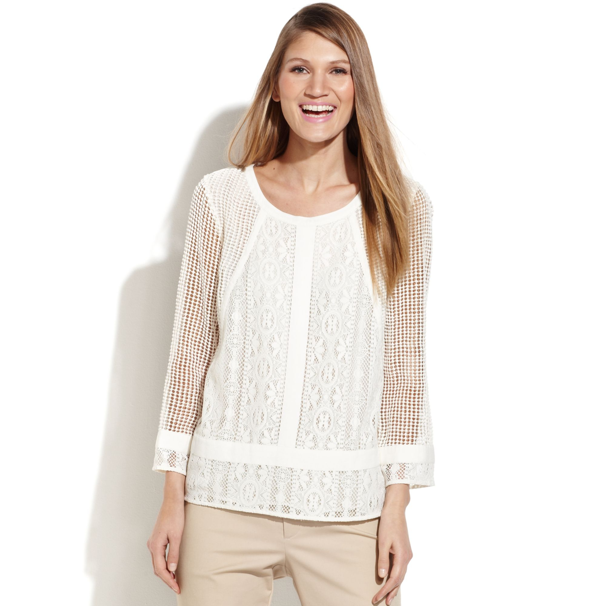 Lyst - Calvin Klein Mesh-sleeve Crochet Lace Top in White