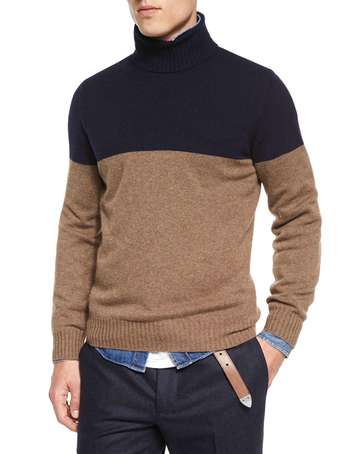 Lyst - Brunello Cucinelli Colorblock Cashmere Turtleneck Knit Sweater ...