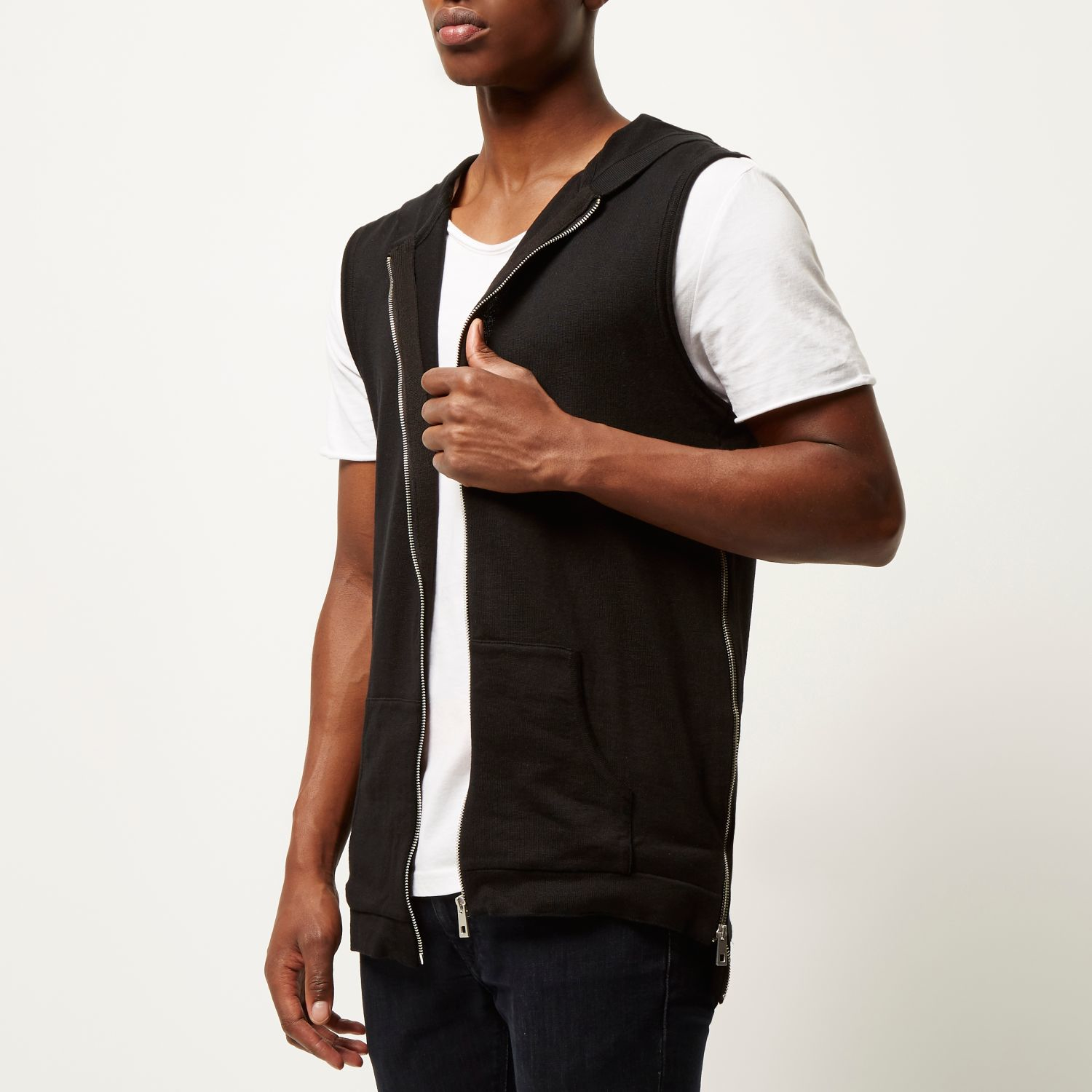 River island Black Sleeveless Zip-up Hoodie in Black for Men | Lyst