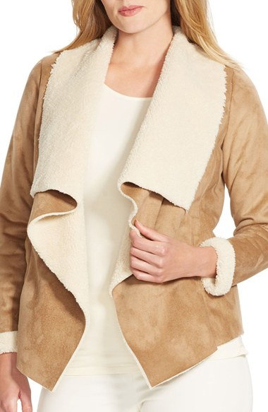 Lauren By Ralph Lauren Drape Front Faux Shearling Jacket In Brown