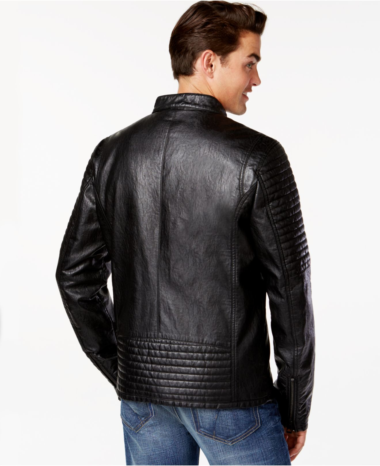 Guess Black Faux Leather Quilted Moto Jacket For Men