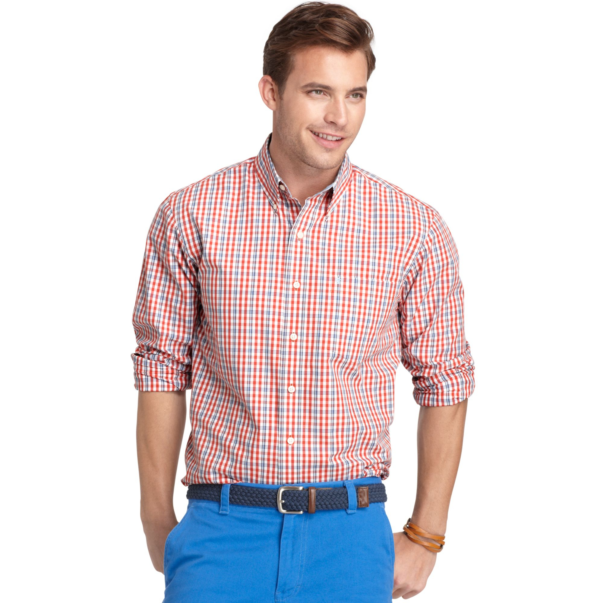 Izod Long Sleeve Check-Print Shirt in Red for Men (Baked Apple) | Lyst