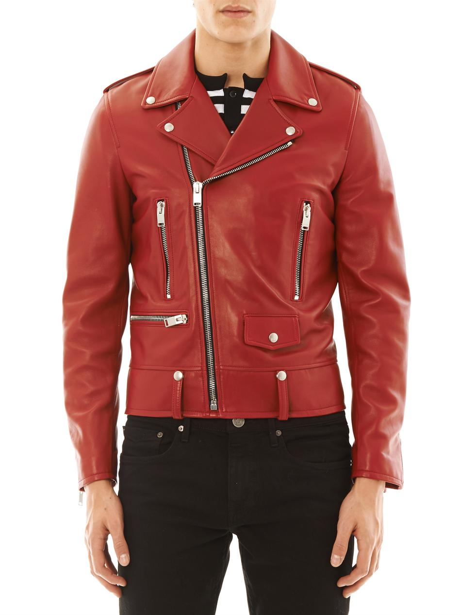 Saint Laurent Leather Motorcycle Jacket in Red for Men - Lyst