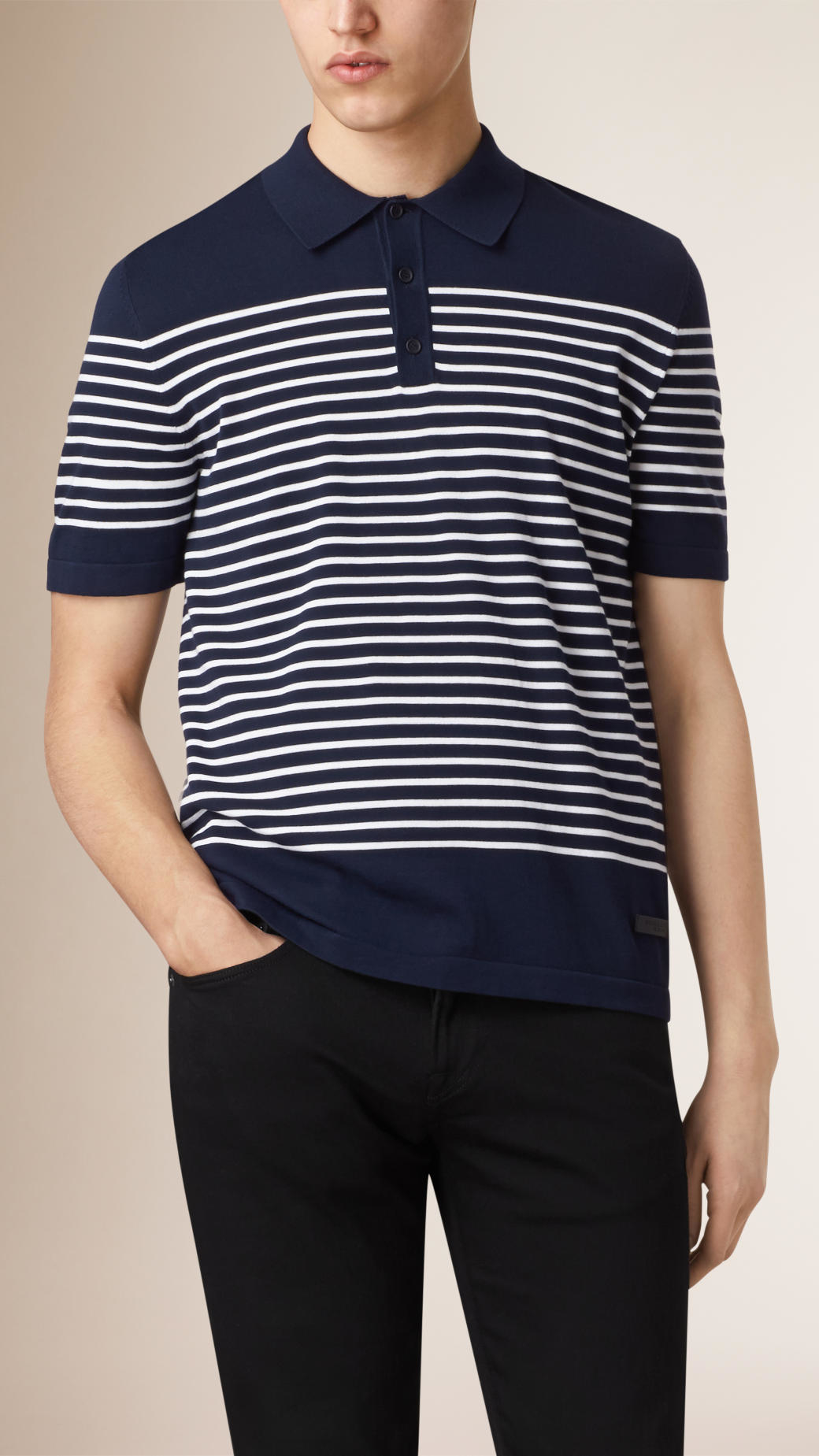 navy blue and white striped polo shirt