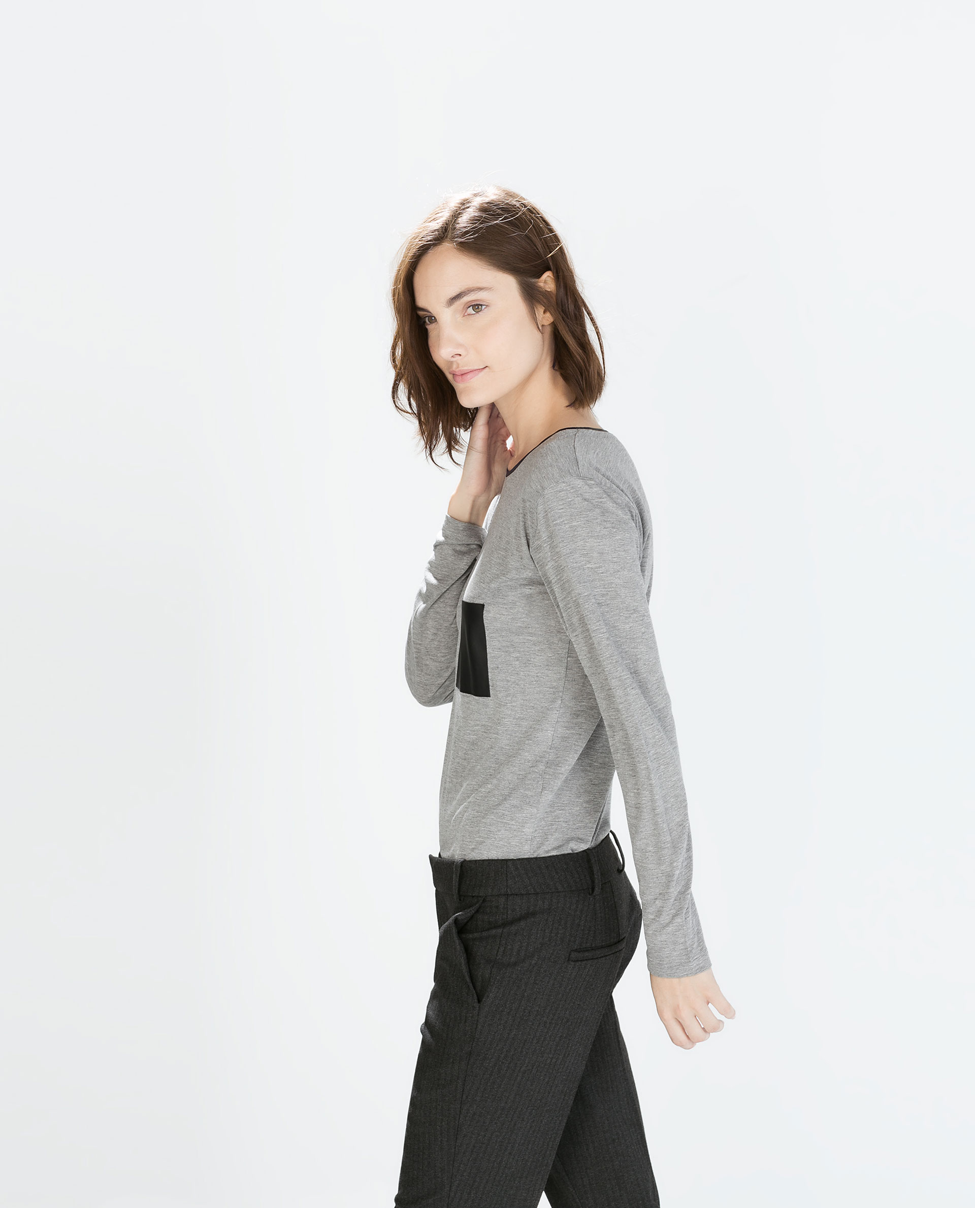 Zara Tshirt with Faux Leather Pocket in Gray (Grey marl) Lyst