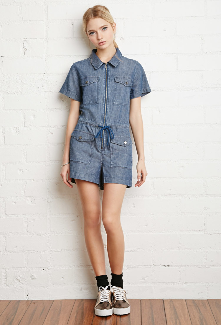 denim zip romper