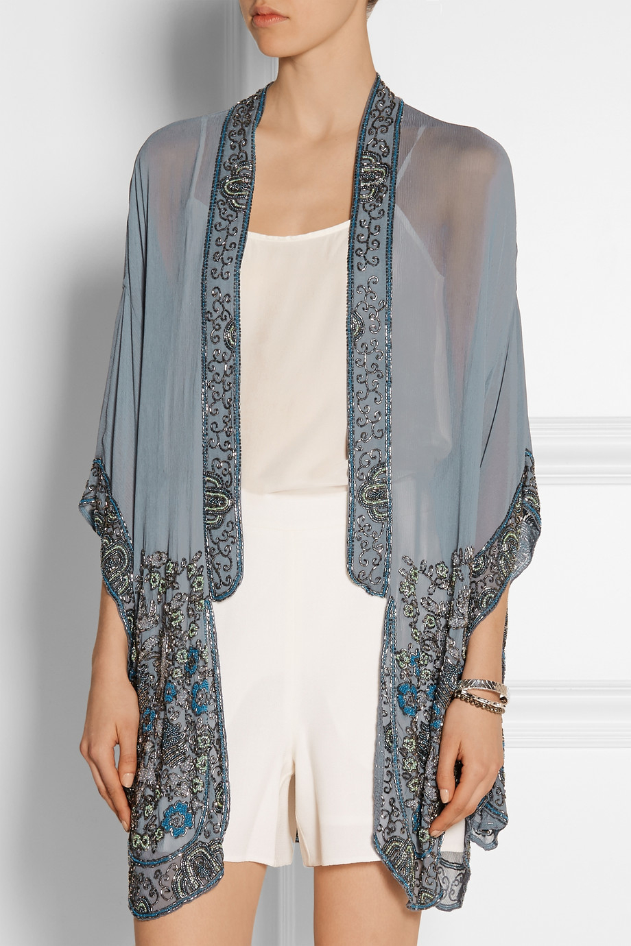 Anna Sui Embellished Silk-Chiffon Kimono Jacket in Blue | Lyst