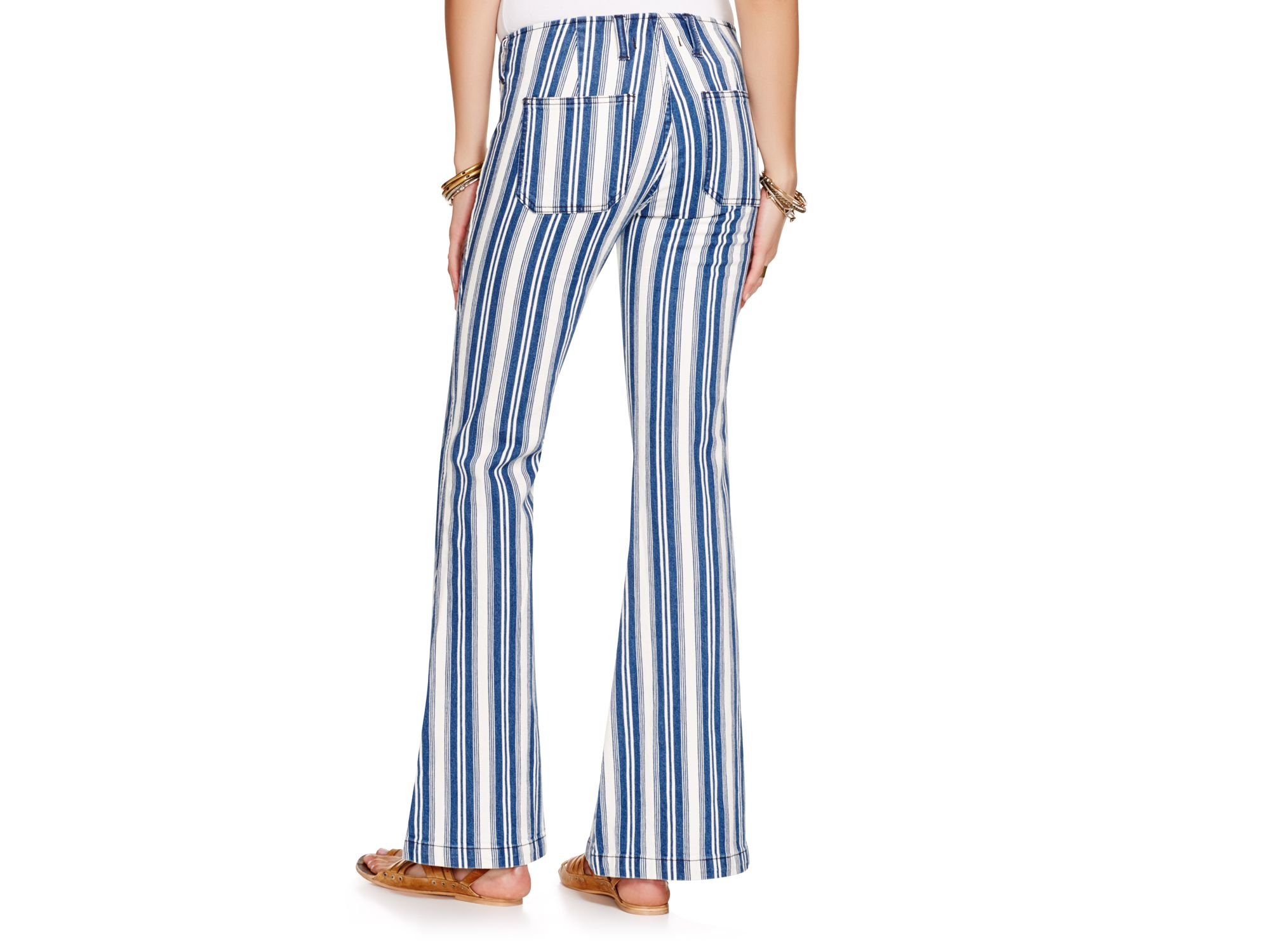 blue and white striped flare jeans