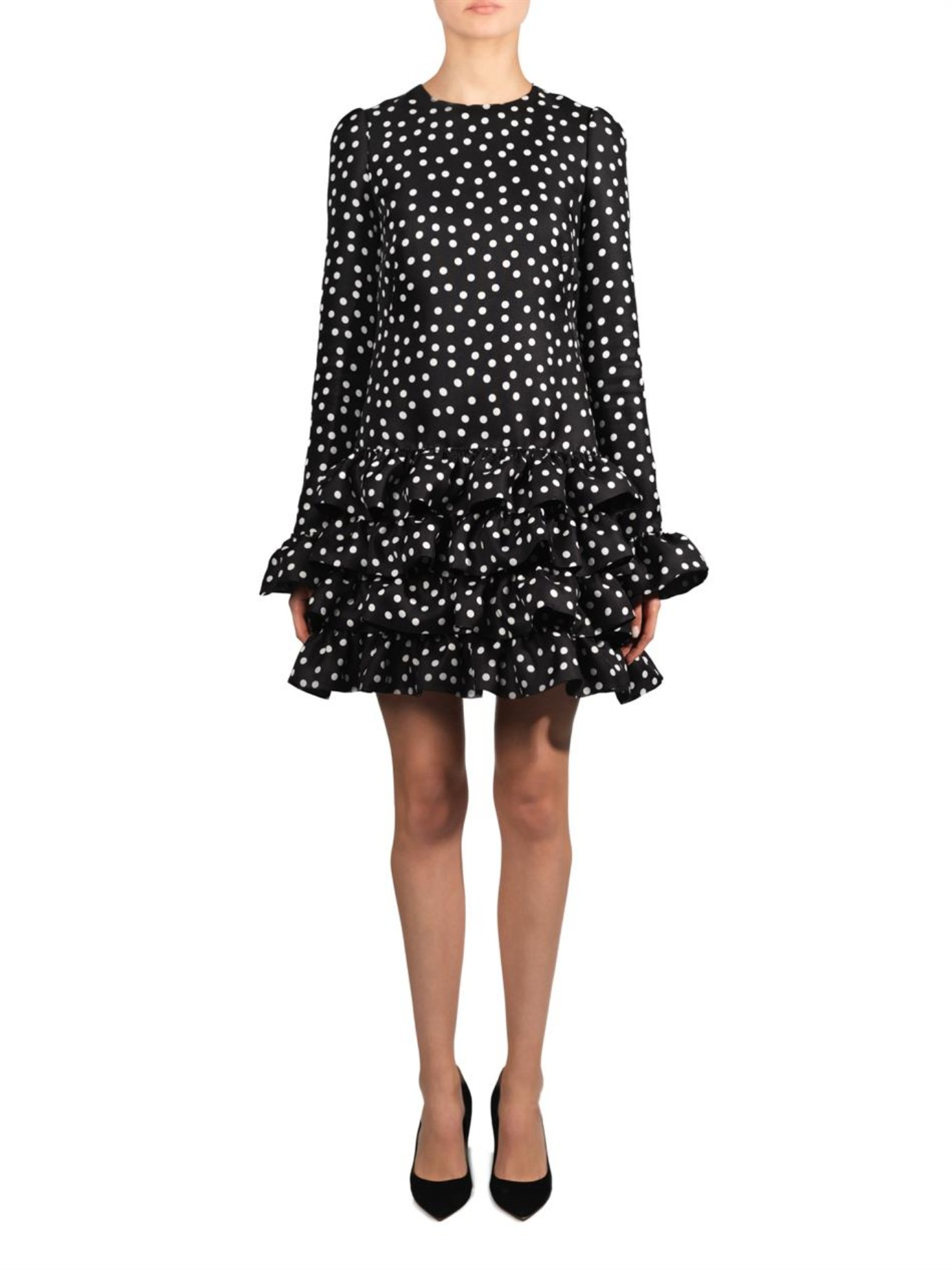 Frill Hem Polka Dot Print White Sheath Dress