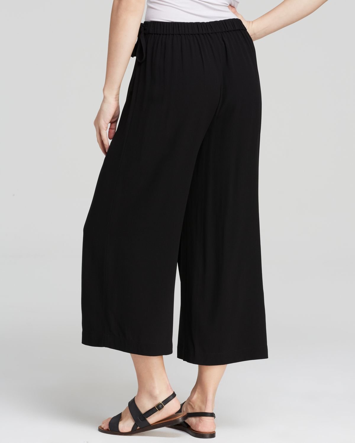 Eileen fisher Wrap Front Wide Leg Cropped Silk Pants in Black | Lyst