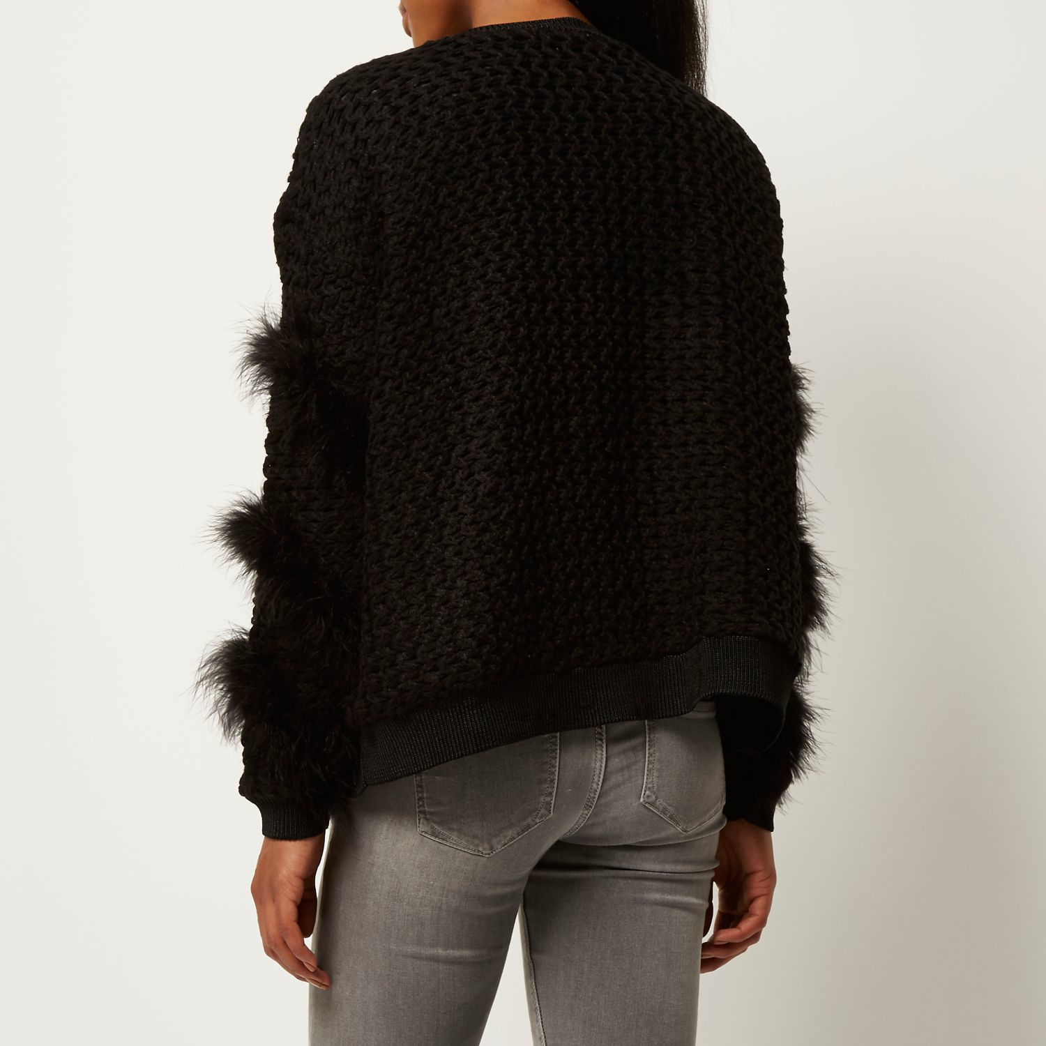 River Island Black Knitted Feather Trim Cardigan Lyst
