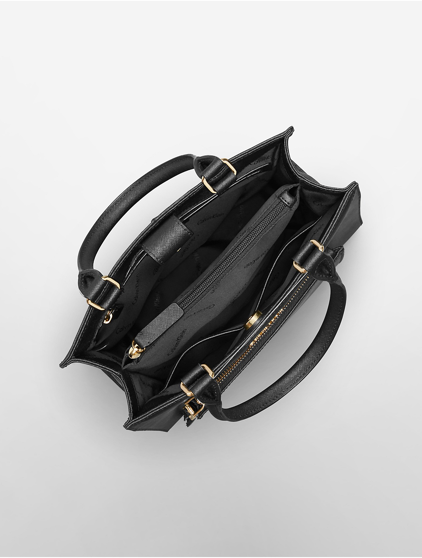 Calvin Klein Saffiano Leather Small Tote Bag in Black/Gold (Black 
