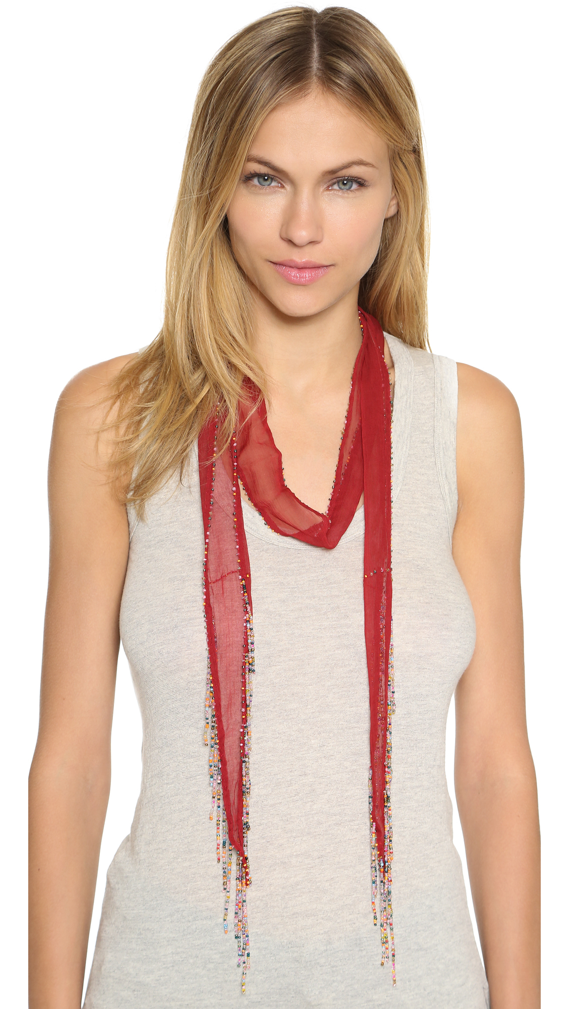 Lyst - Chan Luu Beaded And Chain Fringed Skinny Scarf in Red