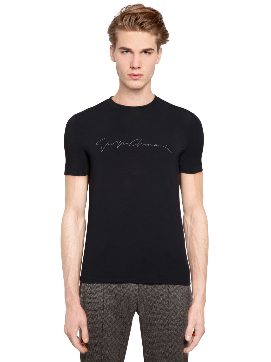 Giorgio armani Signature Printed Viscose Jersey T-shirt in Blue for Men ...