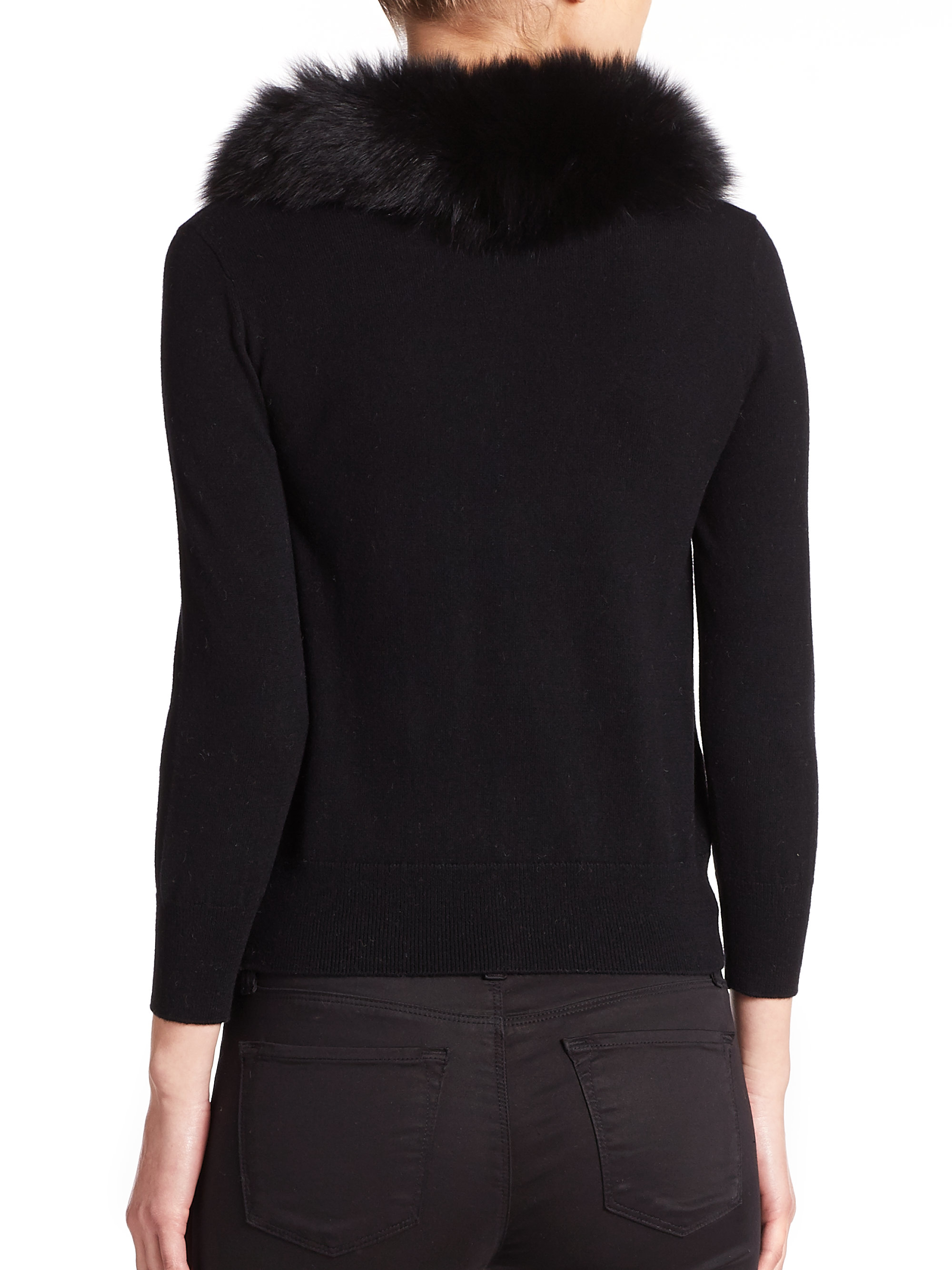 MILLY Fur-collar Cardigan in Black - Lyst