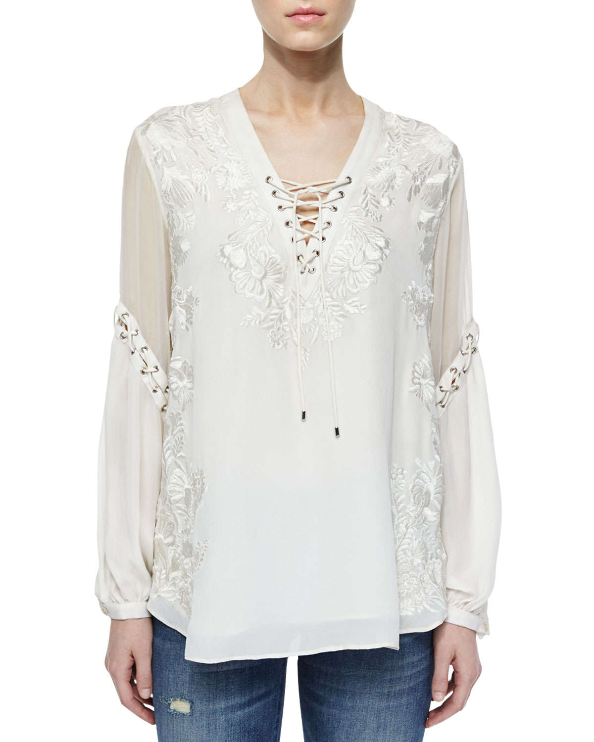 Haute Hippie Floral-Embroidered Silk Peasant Blouse in Floral | Lyst