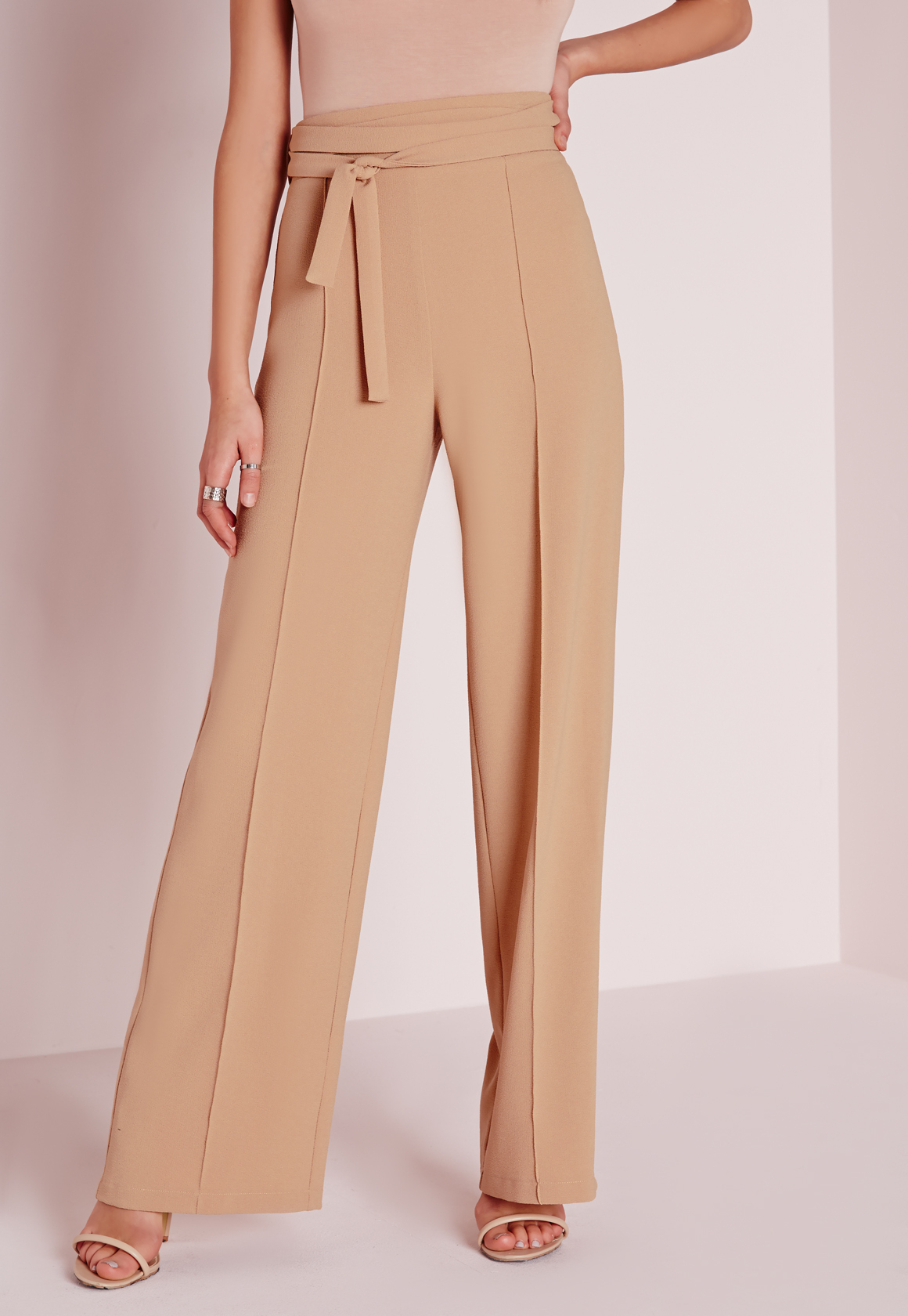 Missguided Tie Waist Crepe Wide Leg Trousers Camel in Natural - Lyst