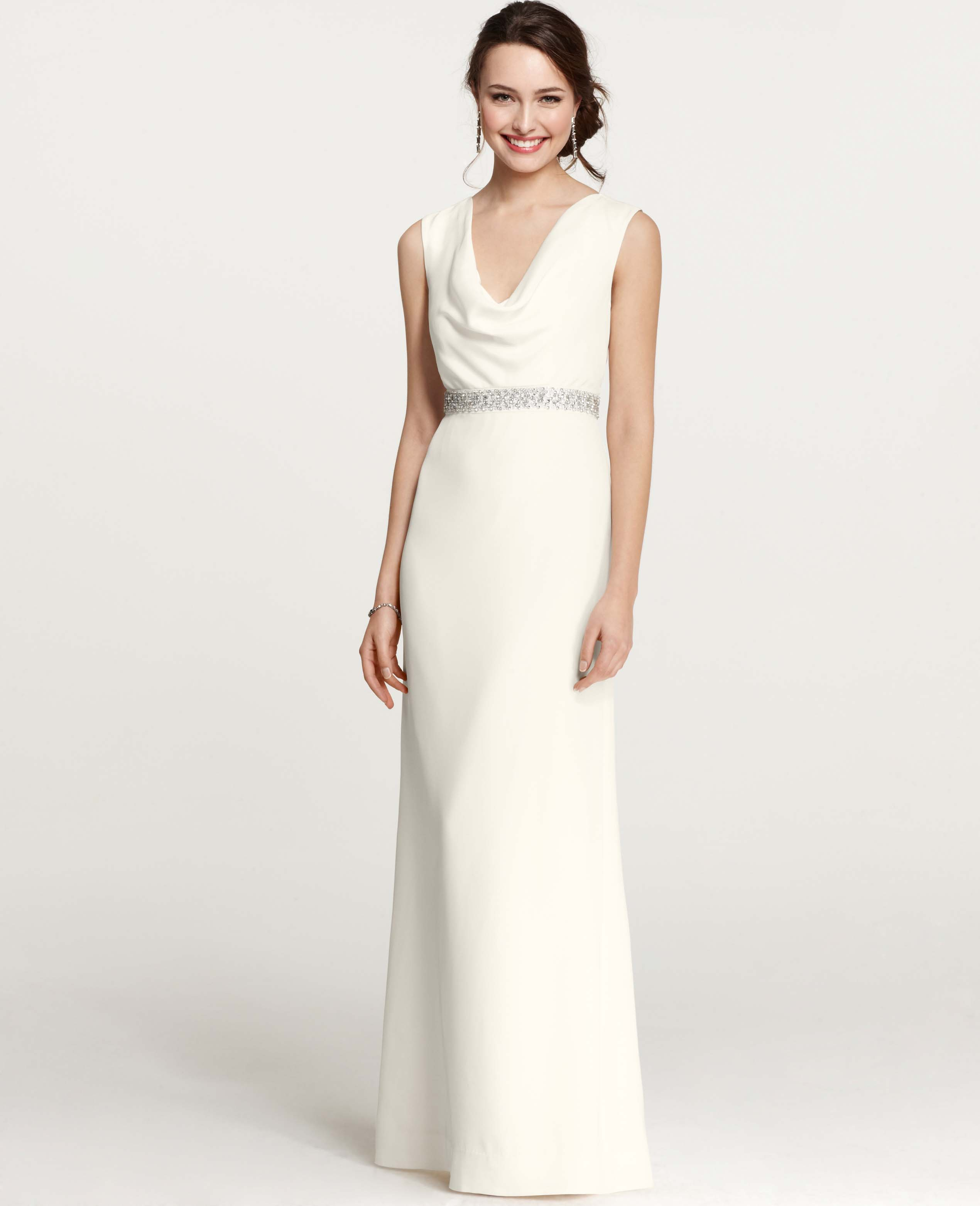 white cowl neck wedding dress