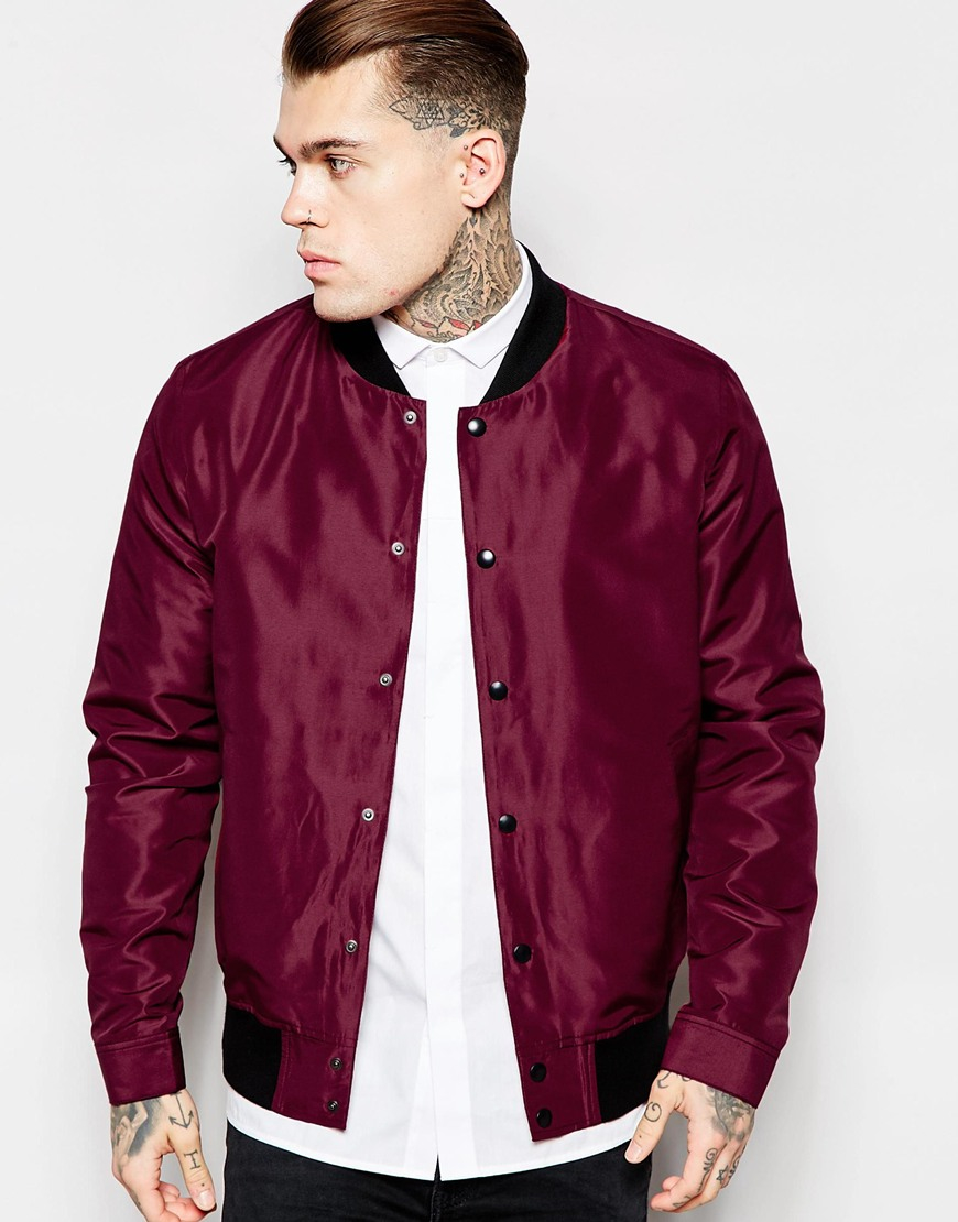 ASOS Synthetic Bomber Jacket With Poppers In Burgundy in Purple for Men ...