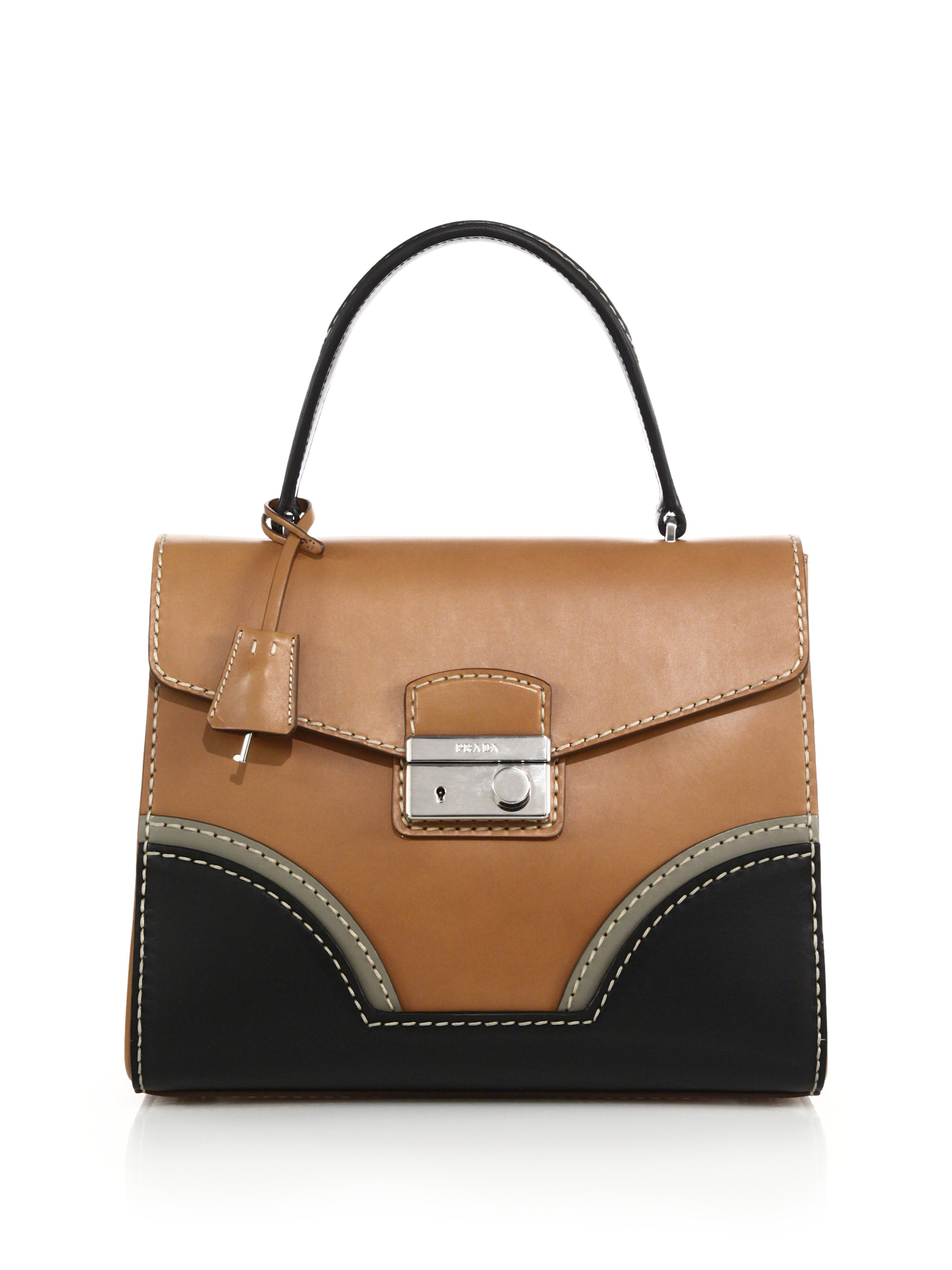 Prada Calf Leather Top-handle Bag in Brown (TAN-BLACK) | Lyst