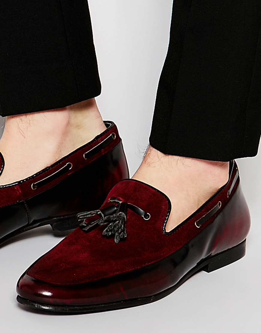 ASOS Tassel Loafers In Burgundy Suede And Leather Mix in Red for Men | Lyst