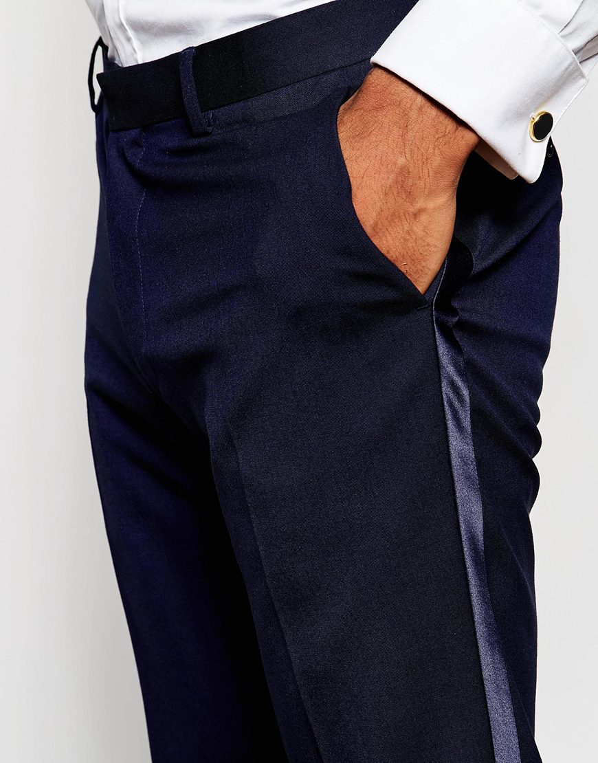 ASOS Skinny Tuxedo Suit Trousers With Satin Stripe - Navy in Blue for Men -  Lyst