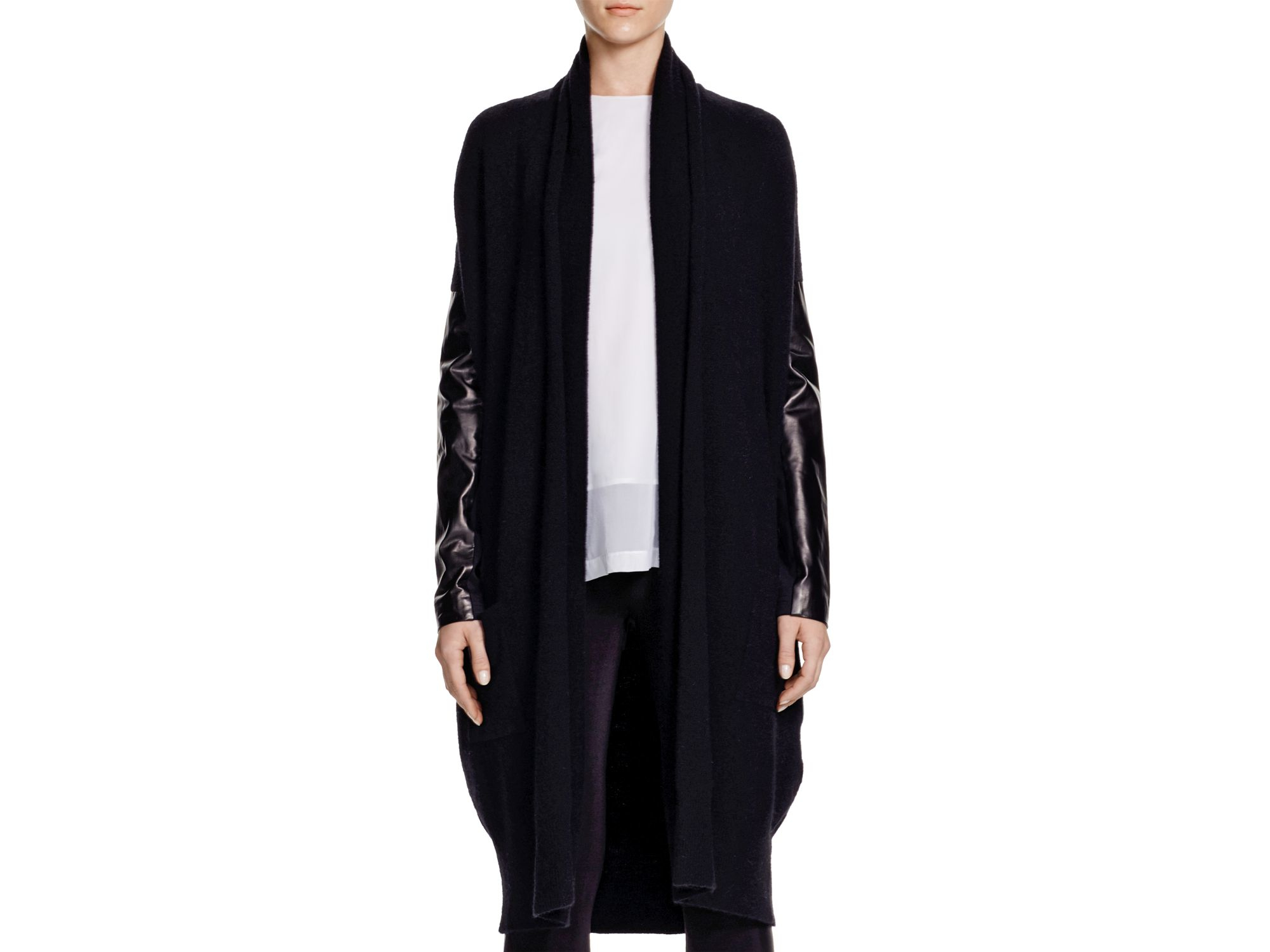 DKNY Leather Sleeve Long Cardigan - Bloomingdale's Exclusive in Black | Lyst