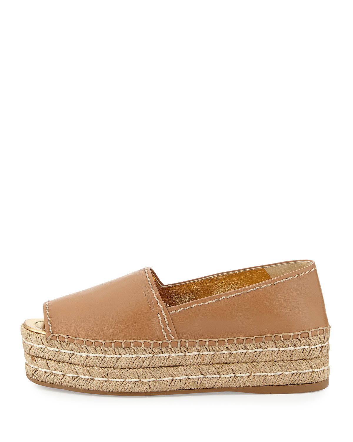 Prada Leather Platform Peep-toe Espadrille in Natural - Lyst