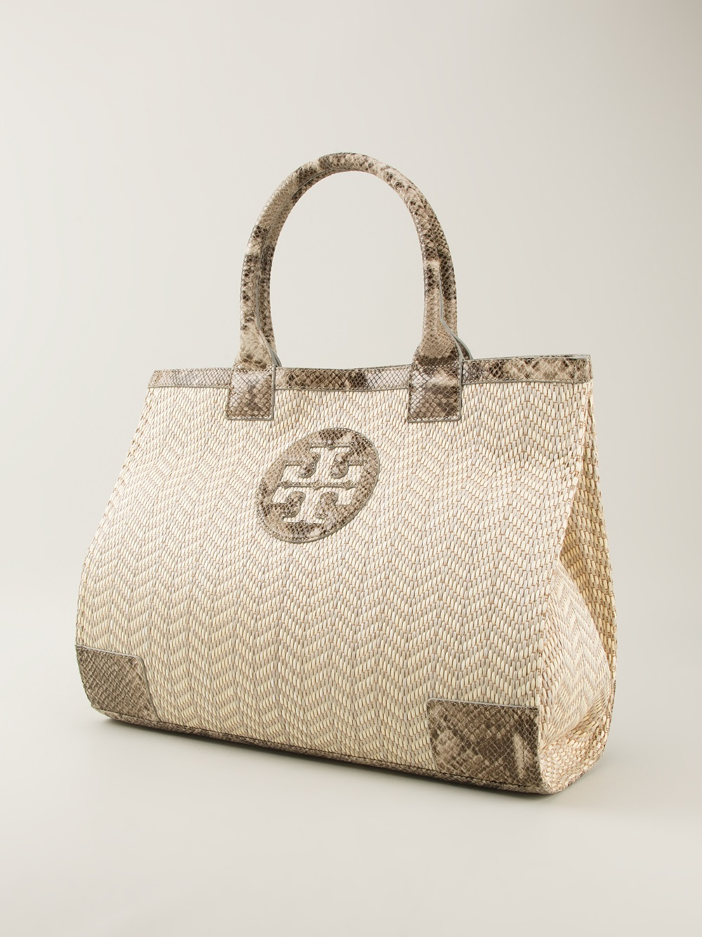 Tory Burch Ella Snake-Effect Leather-Trimmed Raffia Tote in Natural | Lyst