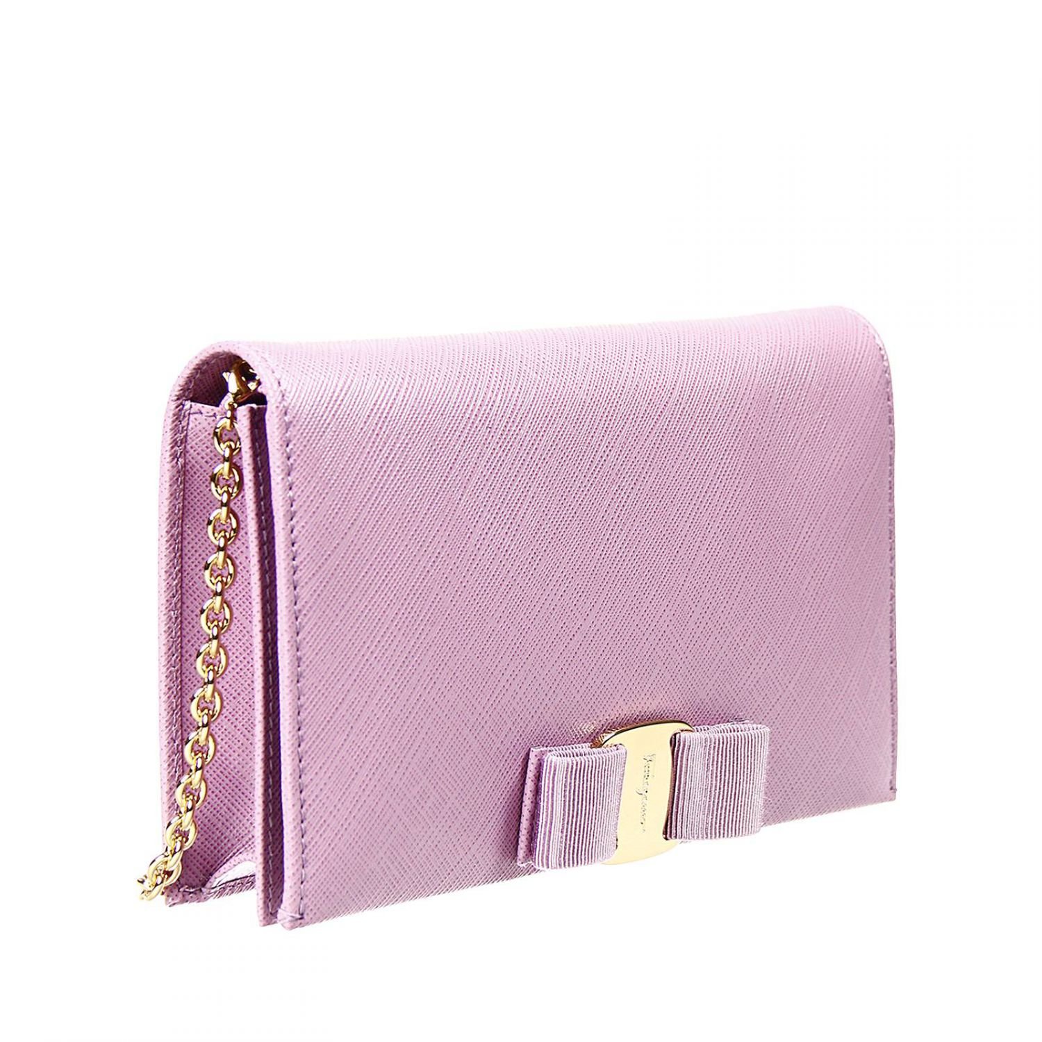 Ferragamo Clutch Bag Mini Crossbody With Chain Leather Tissu With Bow in Purple (Lilac) | Lyst
